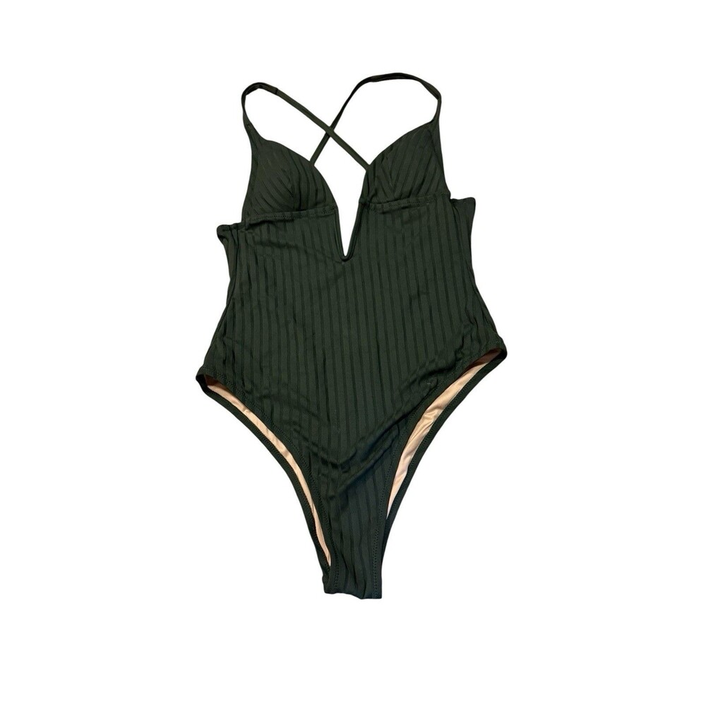 Shade & Shore Ribbed One Piece Swimsuit Deep V Open Back Green Small